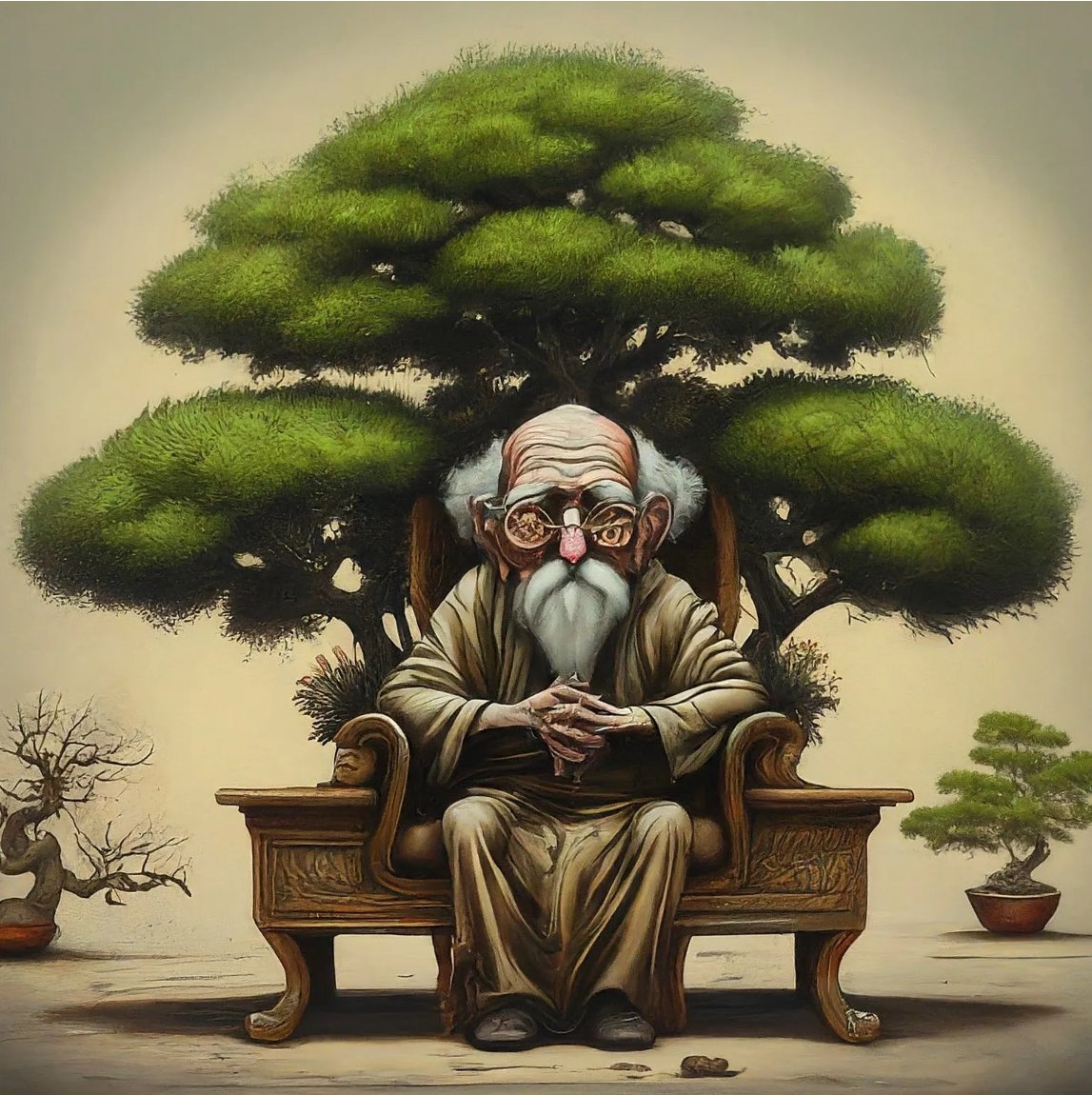 A painting of an old man seated on a carved wooden throne beneath an enormous bonsai tree, flanked by two smaller bonsai.